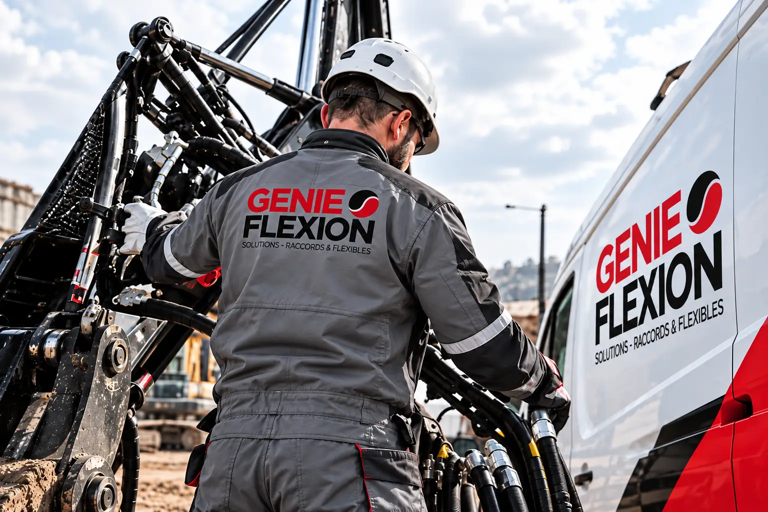 Technicien Génie Flexion intervenant sur des flexibles hydrauliques à côté d’un camion-atelier