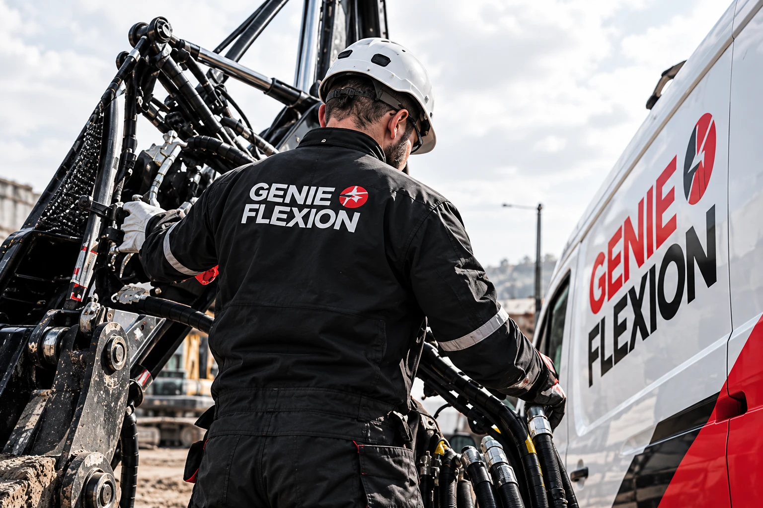 Technicien Génie Flexion intervenant sur des flexibles hydrauliques à côté d’un camion-atelier