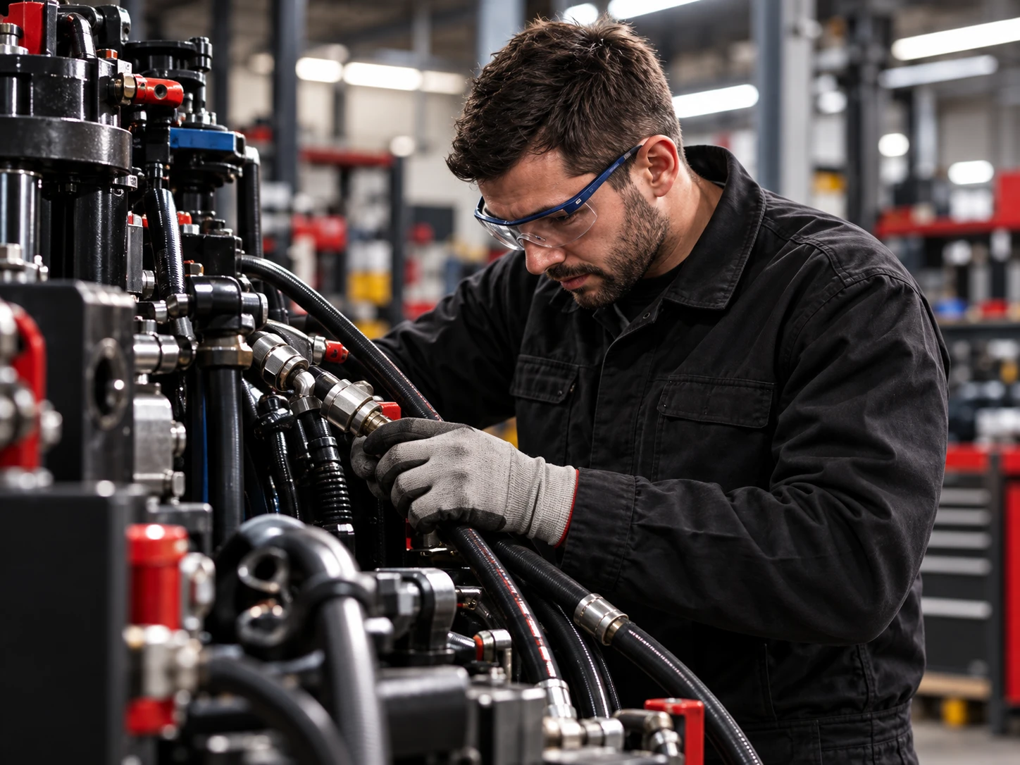 Technicien travaillant sur des raccords et flexibles hydrauliques en atelier